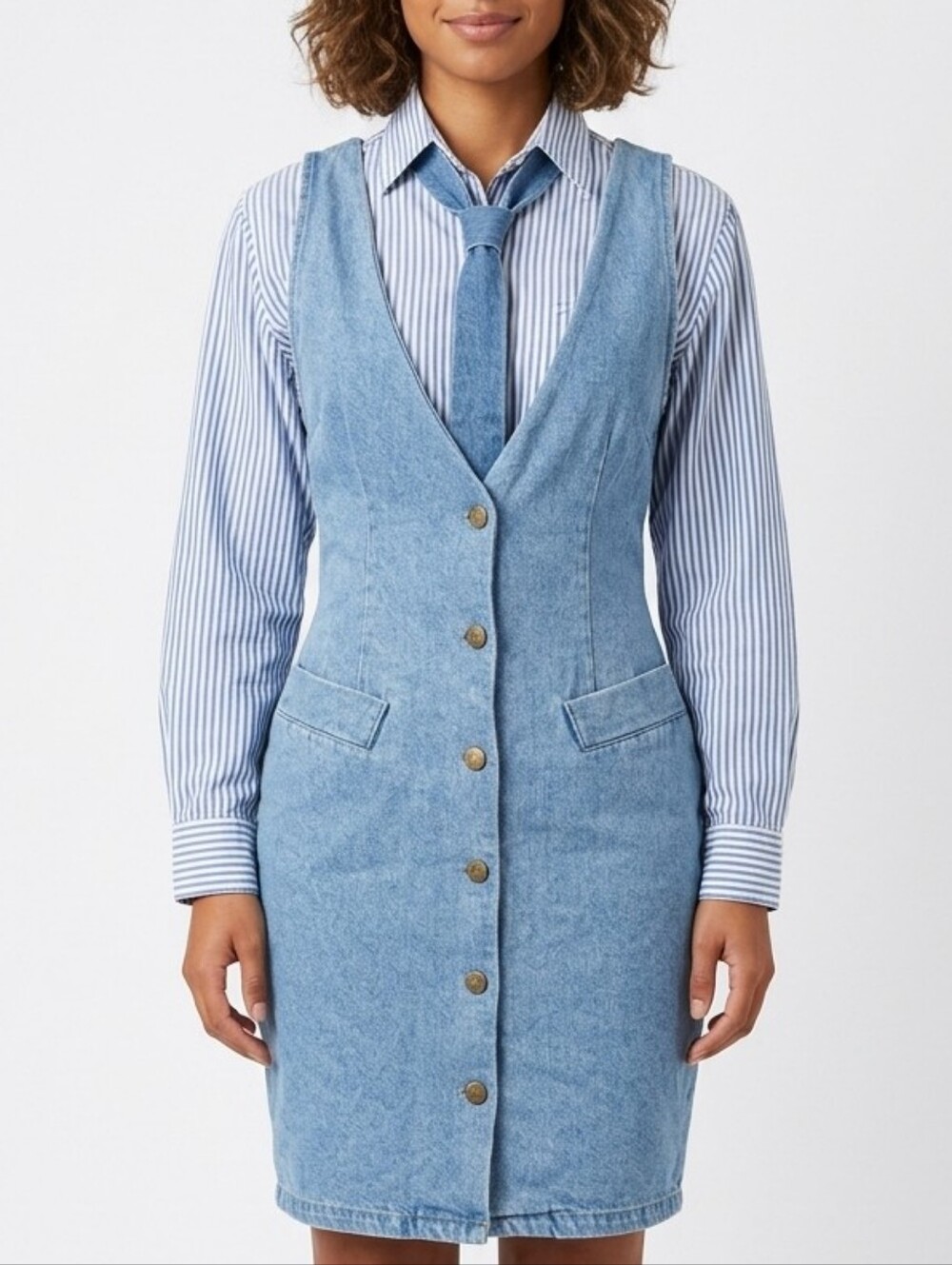 Vtg California Gold Rush Classic Light Blue Denim Overall Button-Front Dress S